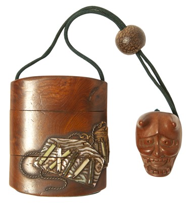 Lot 258 - A Japanese Inlaid Wood Inro With Mask Netsuke