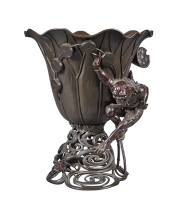 Lot 246 - A Japanese Bronze 'Lotus and Raijin' Planter