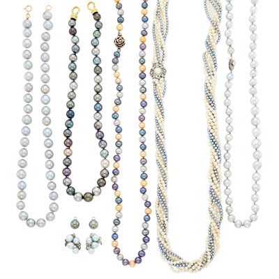 Lot 1234 - Five Cultured, Freshwater, Baroque and Dyed Pearl Necklaces and Two Pairs of Gold, Silver and Pearl Earrings