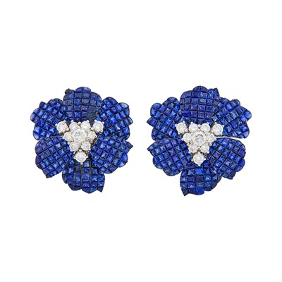 Lot 1156 - Pair of White Gold, Invisibly-Set-Sapphire and Diamond Flower Earclips