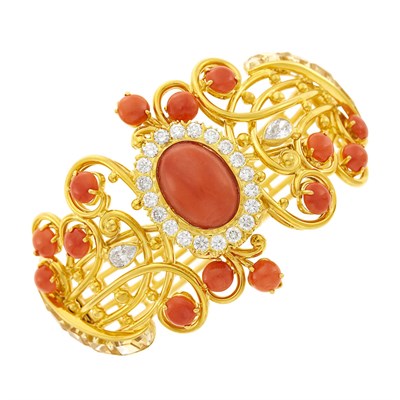 Lot 20 - Gold, Coral, Diamond and Citrine Bangle Bracelet