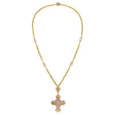 Lot 52 - Georgian Gold and Foil-Backed Pink Topaz Cross Pendant-Brooch Necklace