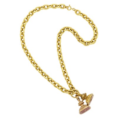 Lot 149 - Gold Chain Necklace with Two Antique Yellow and Rose Gold, Carnelian and Jasper Intaglio Fobs
