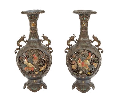 Lot 219 - A Pair of Japanese Silver Filigree and Cloisonne Enamel Vases