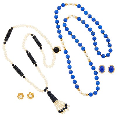 Lot 1254 - Two Lapis and Black Onyx Bead, Semi and Baroque Freshwater and Cultured Pearl Necklaces and Two Pairs of Earclips