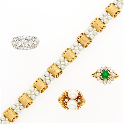 Lot 1240 - Gold and Cultured Pearl Bracelet and Ring, Gold, Emerald and Diamond Ring and White Gold and Diamond Ring