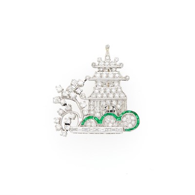 Lot 52 - Platinum, Diamond and Emerald Pagoda Brooch