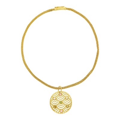 Lot 110 - Ilias Lalaounis Braided Gold Mesh Necklace with Gold and 'Nubia' Gem-Set Pendant