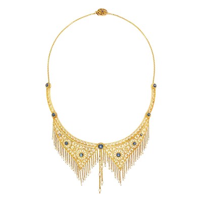 Lot 122 - Antique Filigree Gold, Sapphire and Seed Pearl Fringe Necklace