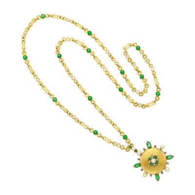 Lot 57 - Antique Long Gold, Emerald, Pearl and Diamond Pendant-Necklace
