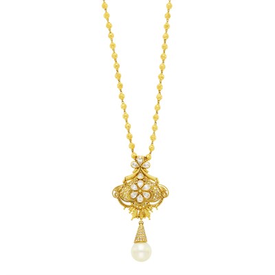 Lot 115 - Long Gold Bead Chain Necklace with High Karat Gold, Diamond and South Sea Cultured Pearl Pendant-Brooch