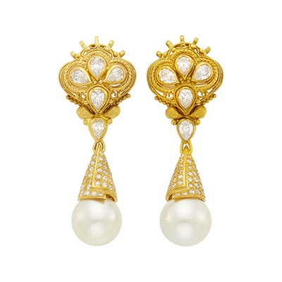 Lot 117 - Pair of High Karat Gold, Diamond and South Sea Cultured Pearl Pendant-Earrings