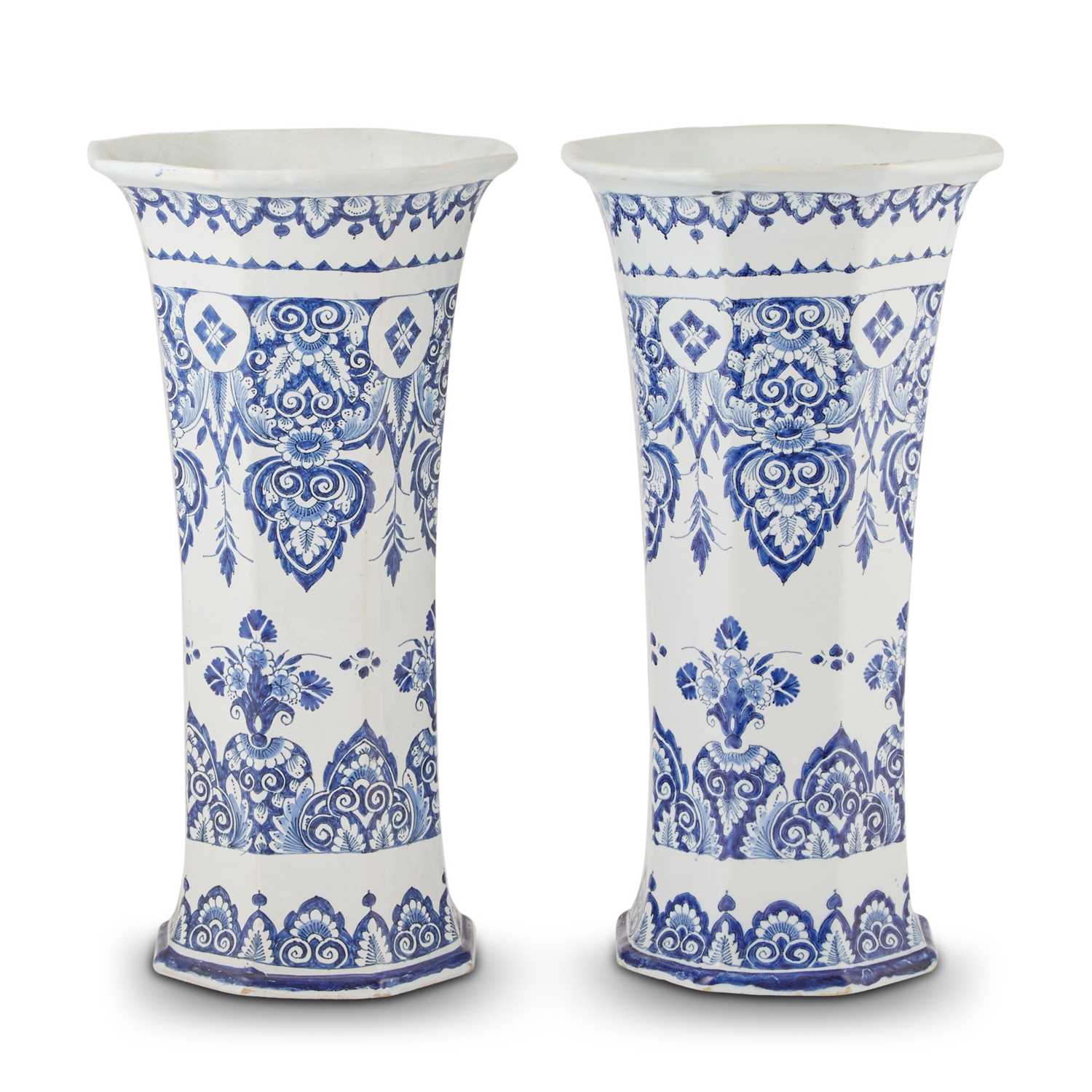 Lot 674 - Pair Of Rouen Faïence Faceted Octagonal Blue and White Beaker Vases