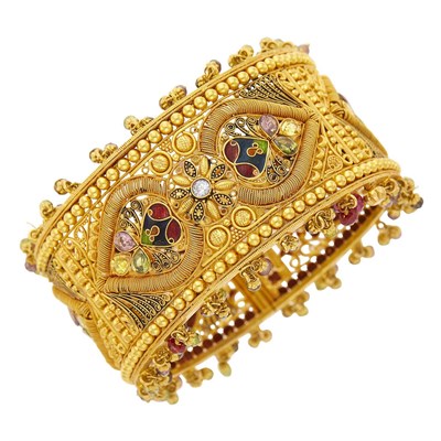 Lot 123 - Indian Gold, Multicolored Paste, Enamel and Bead Fringe Cuff Bangle Bracelet