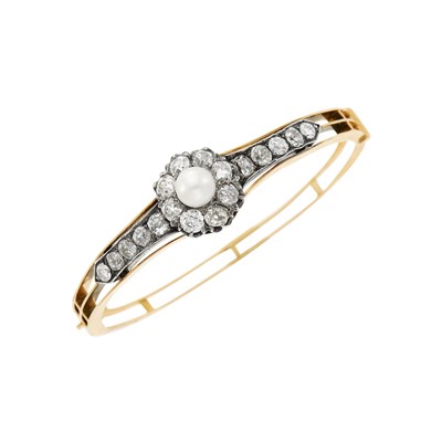 Lot 69 - Antique Rose Gold, Silver, Pearl and Diamond Bangle Bracelet