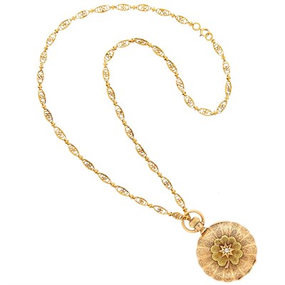 Lot 2085 - Elgin Tricolor Gold and Diamond Hunting Case Pocket Watch with Long Chain Necklace