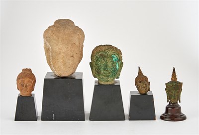 Lot 262 - Five Thai Carved and Cast Heads of Buddha