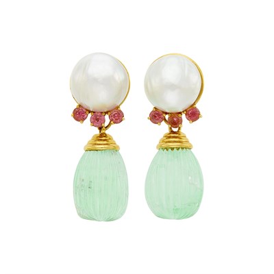 Lot 23 - Seaman Schepps Pair of Gold, South Sea Semi-Baroque Cultured Pearl, Fluted Emerald and Pink Tourmaline Pendant-Earclips