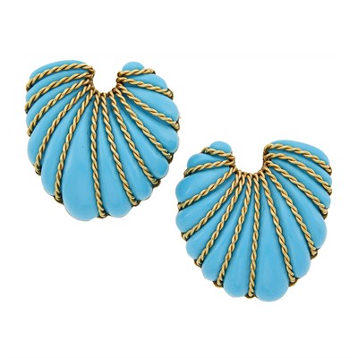 Lot 14 - Seaman Schepps Pair of Gold and Turquoise Composite Shell Brooches
