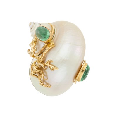 Lot 22 - Seaman Schepps Gold, Shell and Cabochon Emerald Clip-Brooch