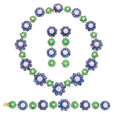 Lot 119 - Gold, Sapphire, Emerald and Diamond Necklace/Bracelet Combination and Pair of Pendant-Earclips