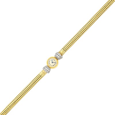 Lot 135 - Cartier, European Watch & Clock Co. Gold, Platinum and Diamond Snake Chain Bracelet-Watch, France