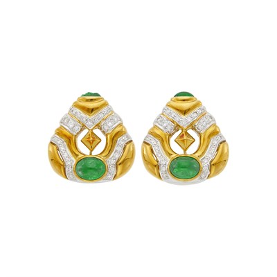 Lot 133 - Pair of Two-Color Gold, Cabochon Emerald and Diamond Earclips