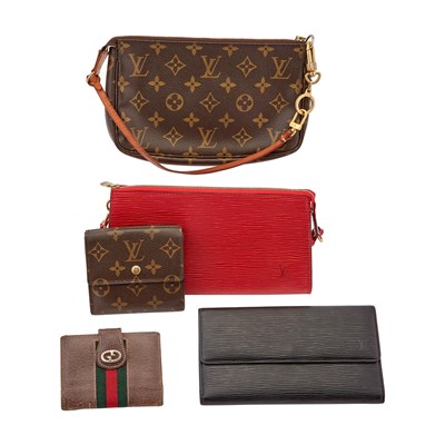 Lot 167 - Louis Vuitton Monogram Pochette and Wallet, Black Epi Leather Wallet, Red Epi Leather Pochette and Gucci Card Holder