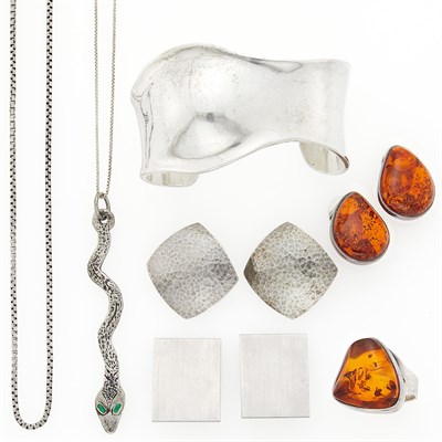 Lot 1227 - Silver and Amber Cuff Bracelet, Pendant with Chain Necklace, Chain, Ring and Three Pairs of Earclips