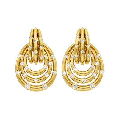 Lot 12 - Pair of Gold and Diamond Hoop Pendant-Earrings with Interchangeable Malachite and Turquoise Pendants