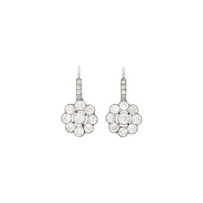 Lot 71 - Pair of Antique Platinum, Gold and Diamond Pendant-Earrings