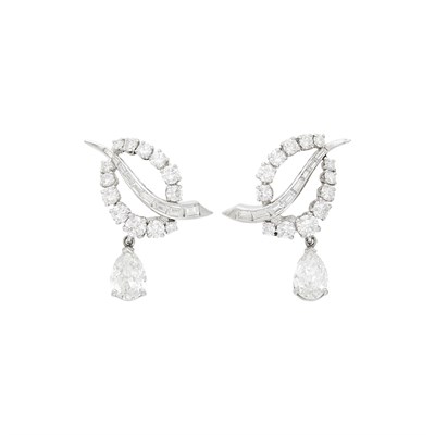 Lot 162 - Pair of Platinum and Diamond Pendant-Earrings