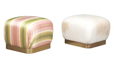 Lot 367 - Two Karl Springer Brass and Upholstered Soufflé Ottomans