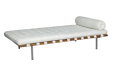 Lot 603 - Mahogany Upholstered and Chromed Metal "Barcelona" Style Daybed