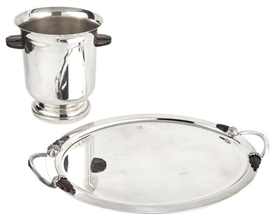 Lot 1023 - French Art Deco Style Hardstone Mounted Silver-Plated Two-Handled Tray and Wine Cooler