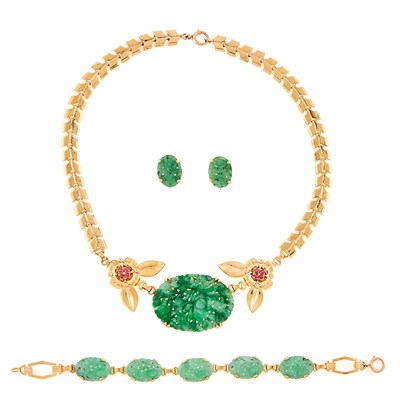 Lot 1185 - Tiffany & Co. Gold, Carved Jade and Ruby Necklace, Carved Jade Bracelet and Pair of Earclips