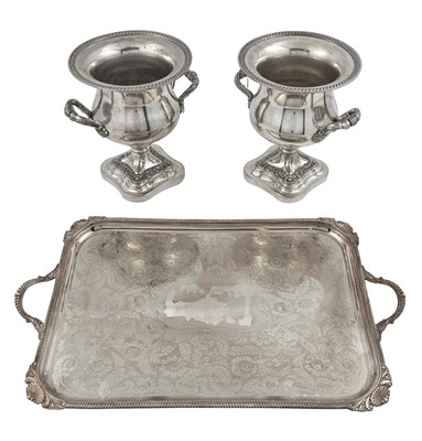 Lot 215 - Pair of Silver Plated Wine Coolers and a Silver Plated Two Handled Drinks Tray