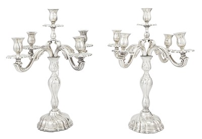 Lot 214 - Pair of Danish Rococo Style Silver Plated Five-Light Candelabra