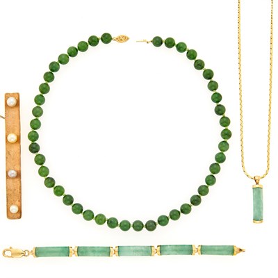 Lot 1155 - Nephrite Bead Necklace, Gold and Jade Bracelet and Pendant with Chain Necklace and Low Karat Gold and Cultured Pearl Brooch