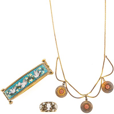 Lot 2070 - Silver-Gilt and Micromosaic Bangle Bracelet, Coral Bead Swag Necklace and Gold and Shell Cameo Ring