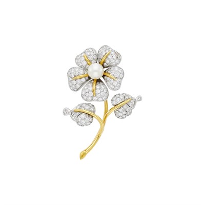 Lot 106 - Tiffany & Co. Platinum, Gold, Diamond and Cultured Pearl Flower Brooch