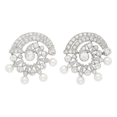 Lot 1117 - Pair of Platinum, Diamond and Cultured Pearl Clip-Brooches
