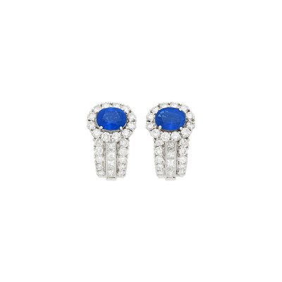 Lot 1086 - Pair of White Gold, Sapphire and Diamond Earrings