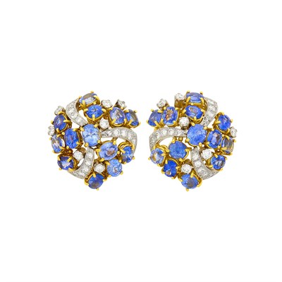 Lot 1155 - Pair of Gold, Platinum, Sapphire and Diamond Bombé Earclips