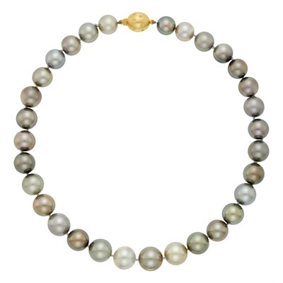 Lot 1038 - Tahitian Gray and Golden Cultured Pearl Necklace with Gold and Diamond Ball Clasp