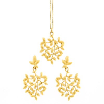 Lot 2004 - Tiffany & Co., Paloma Picasso Pair of Gold 'Olive Leaf' Pendant-Earrings and Pendant with Chain Necklace