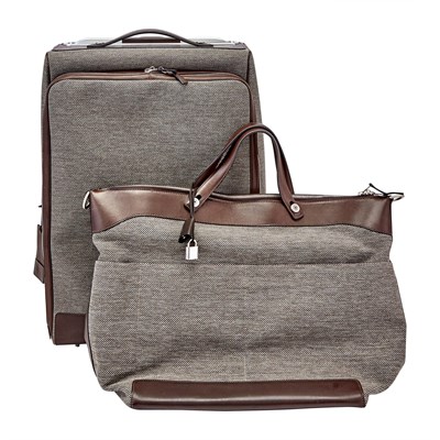 Lot 177 - Hermès Toile and Brown Leather 'Caleche Express' Rolling Luggage and Tote Bag