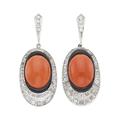 Lot 51 - Pair of White Gold, Coral, Black Onyx and Diamond Pendant-Earrings
