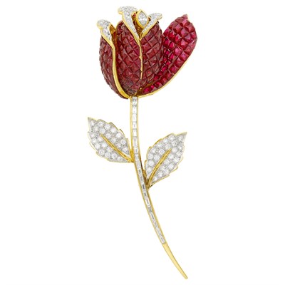 Lot 95 - Two-Color Gold, Invisibly-Set Ruby, and Diamond Flower Clip-Brooch