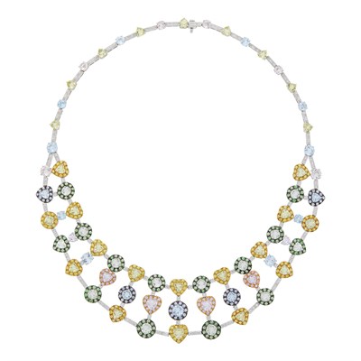 Lot 77 - Two-Color Gold, Multicolored Stone and Diamond Bib Necklace